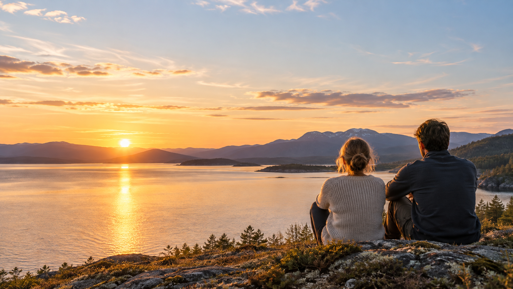 Deux personnes contemplent un lac au coucher du soleil